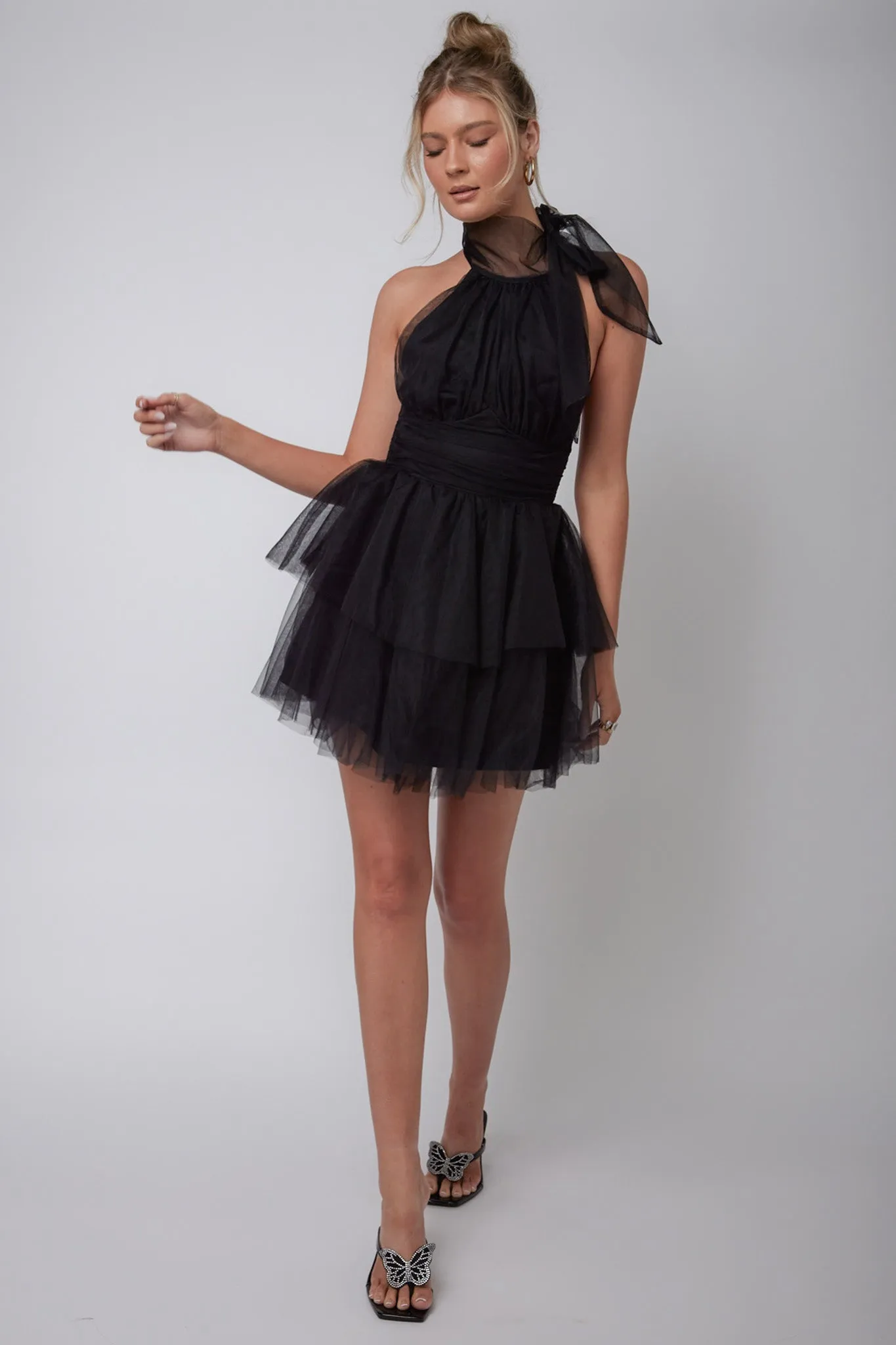 Andria Halterneck Tulle Mini Dress Black