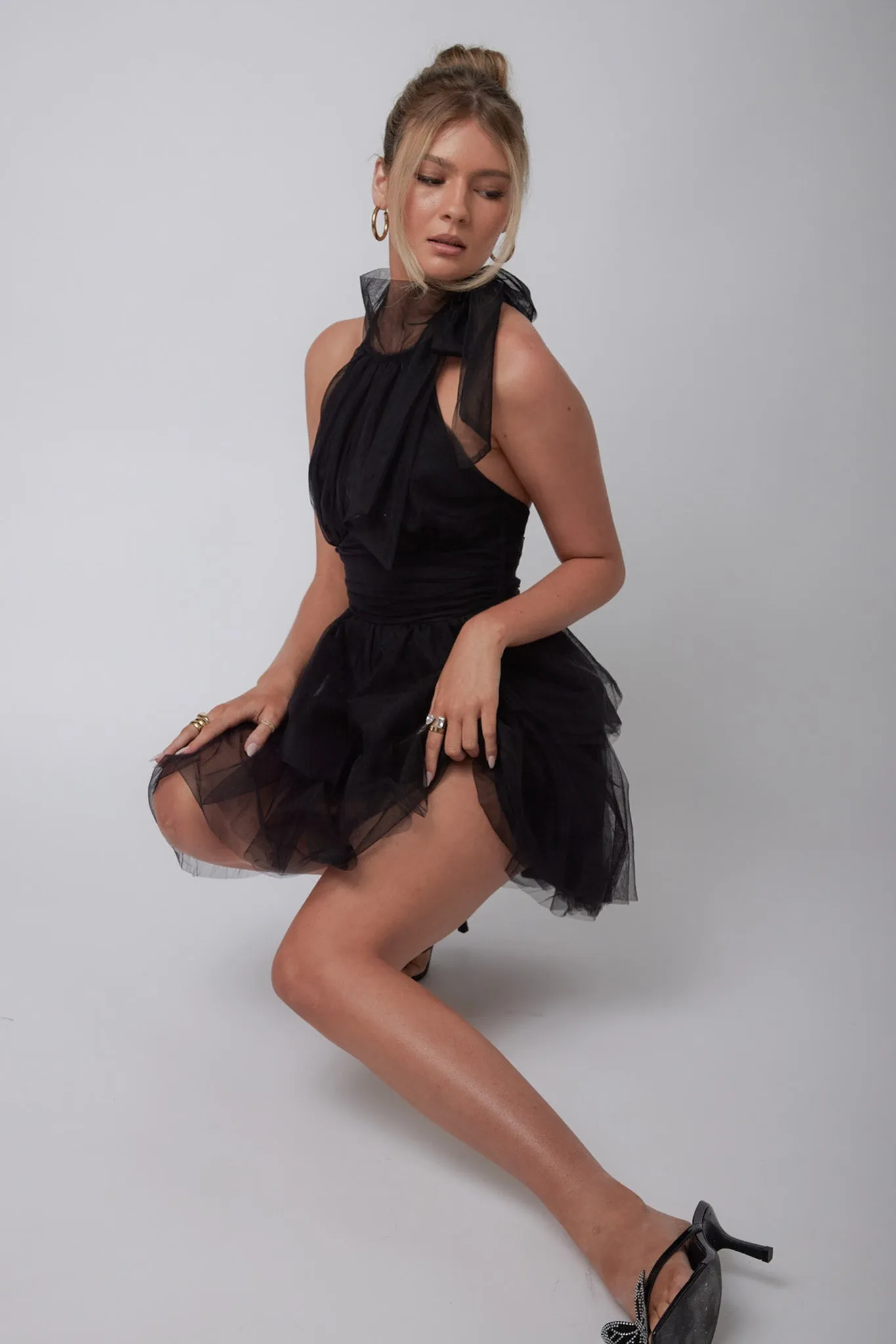 Andria Halterneck Tulle Mini Dress Black