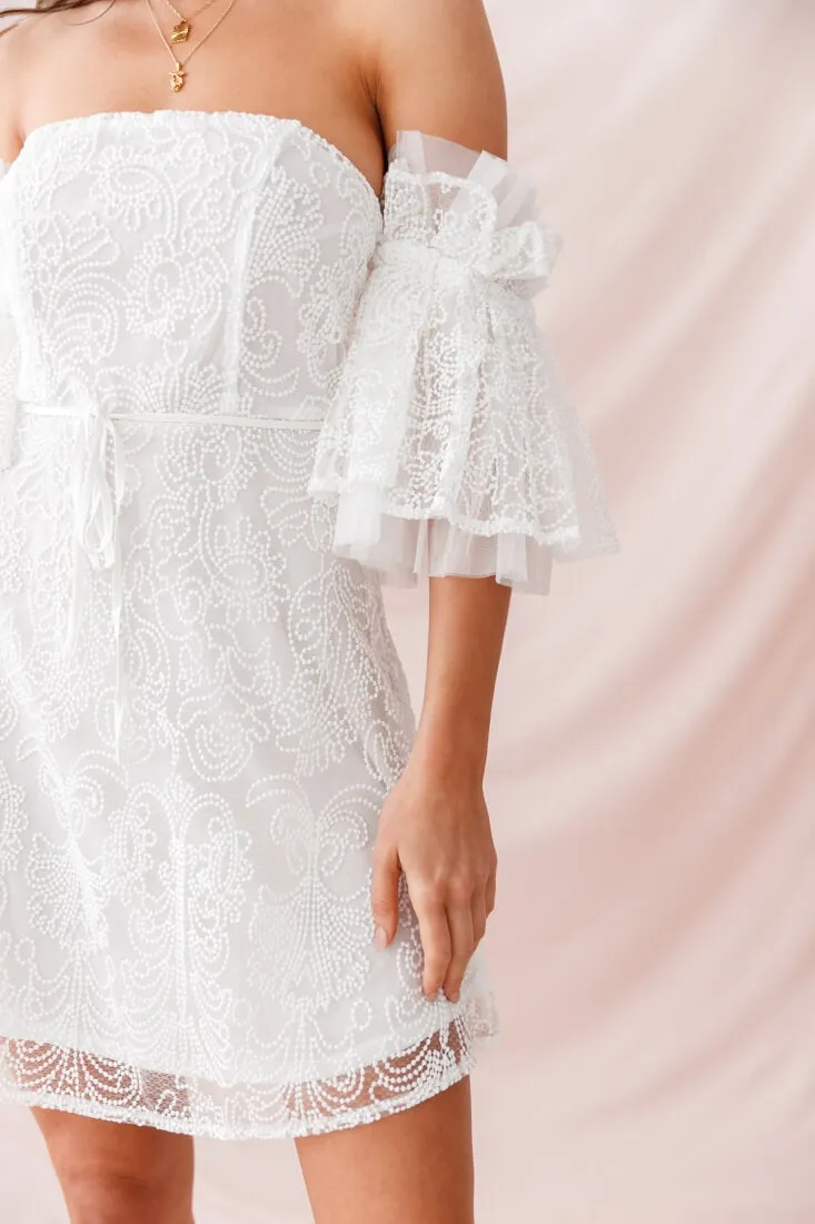 Arna Bell Sleeve Embroidery Dress White