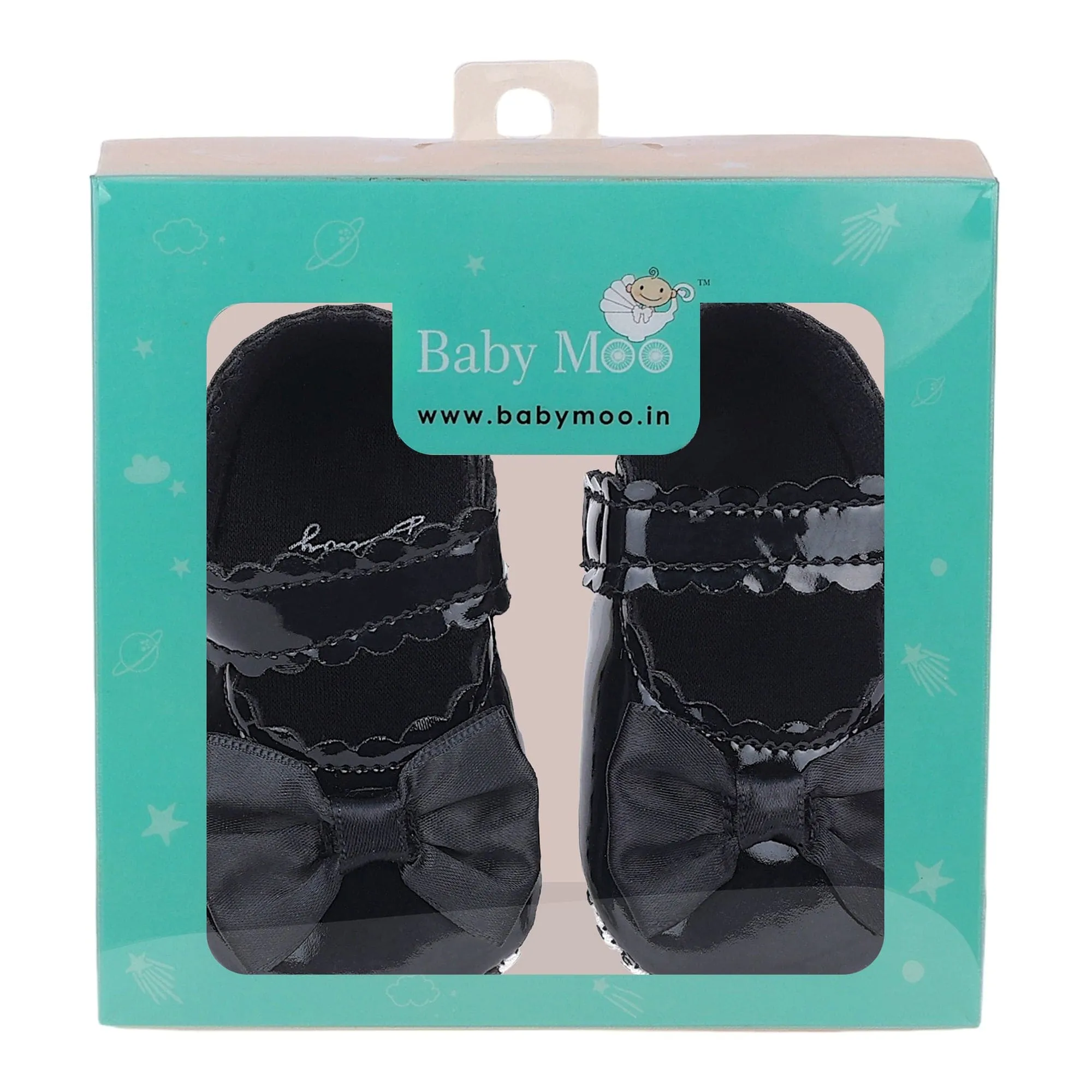 Baby Moo Bow Velcro Strap Patent Leather Anti-Skid Ballerina Booties - Black