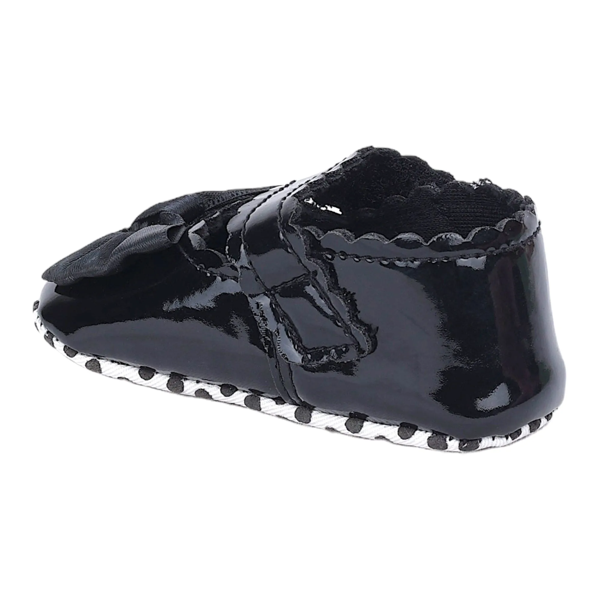 Baby Moo Bow Velcro Strap Patent Leather Anti-Skid Ballerina Booties - Black