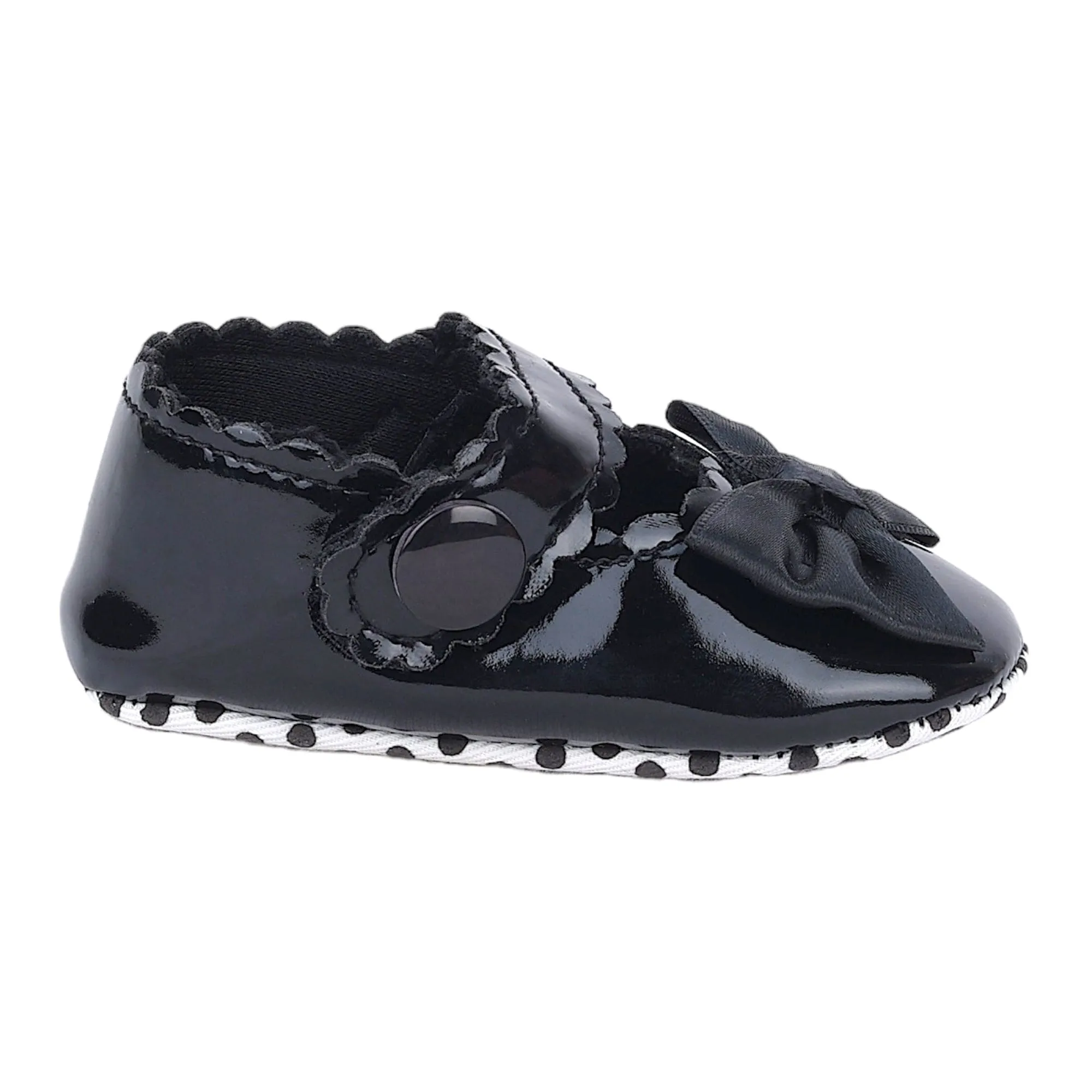 Baby Moo Bow Velcro Strap Patent Leather Anti-Skid Ballerina Booties - Black