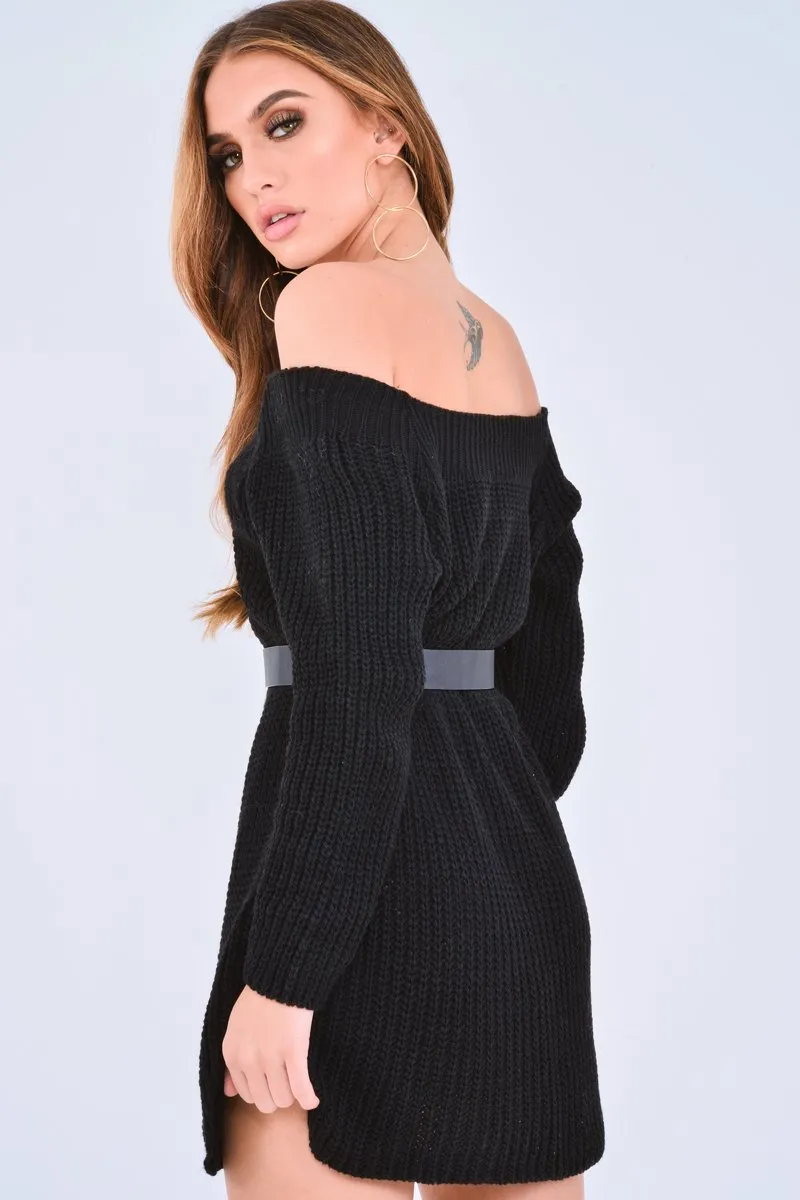 Black Bardot Button Front Chunky Knit Jumper Dress - Syanna