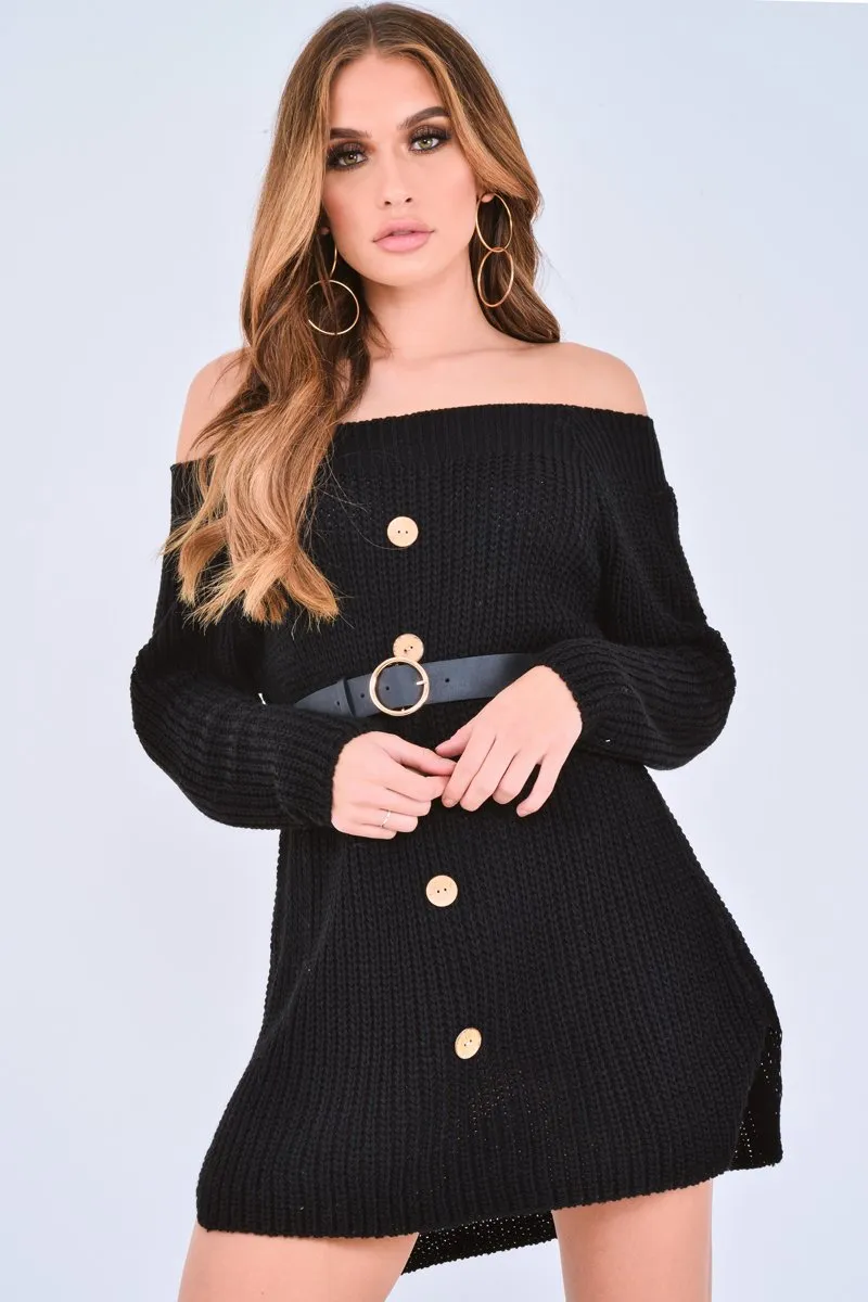 Black Bardot Button Front Chunky Knit Jumper Dress - Syanna