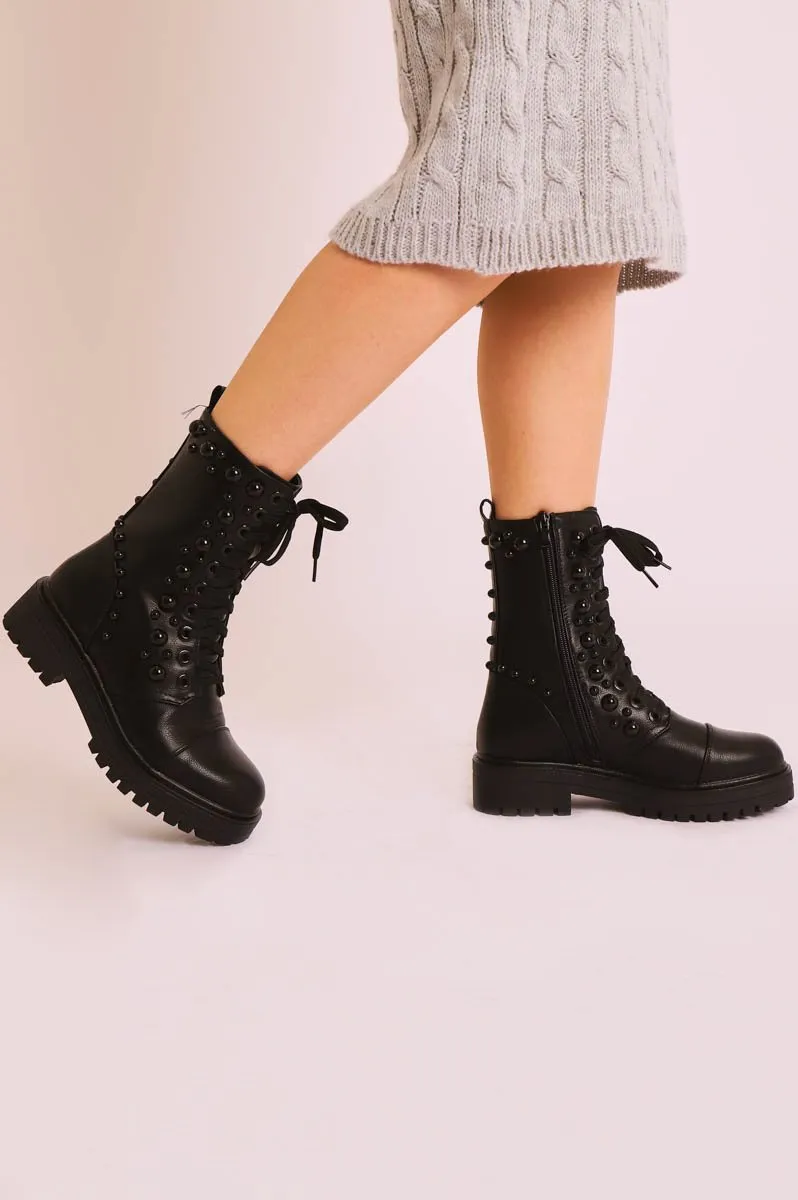 Black PU Leather Beaded Detail Lace Up Boots - Carlissa