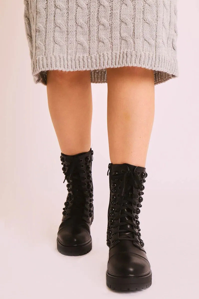 Black PU Leather Beaded Detail Lace Up Boots - Carlissa