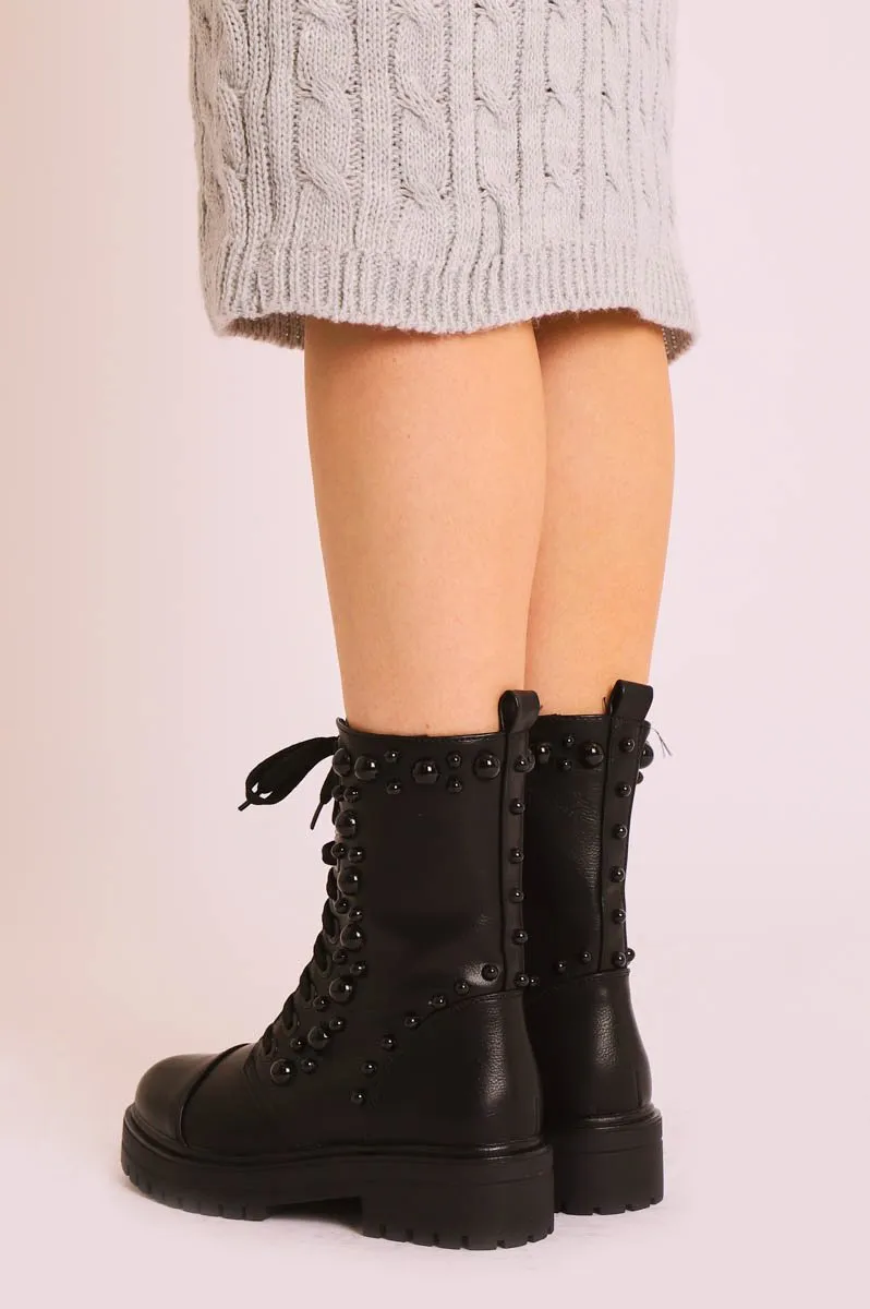 Black PU Leather Beaded Detail Lace Up Boots - Carlissa