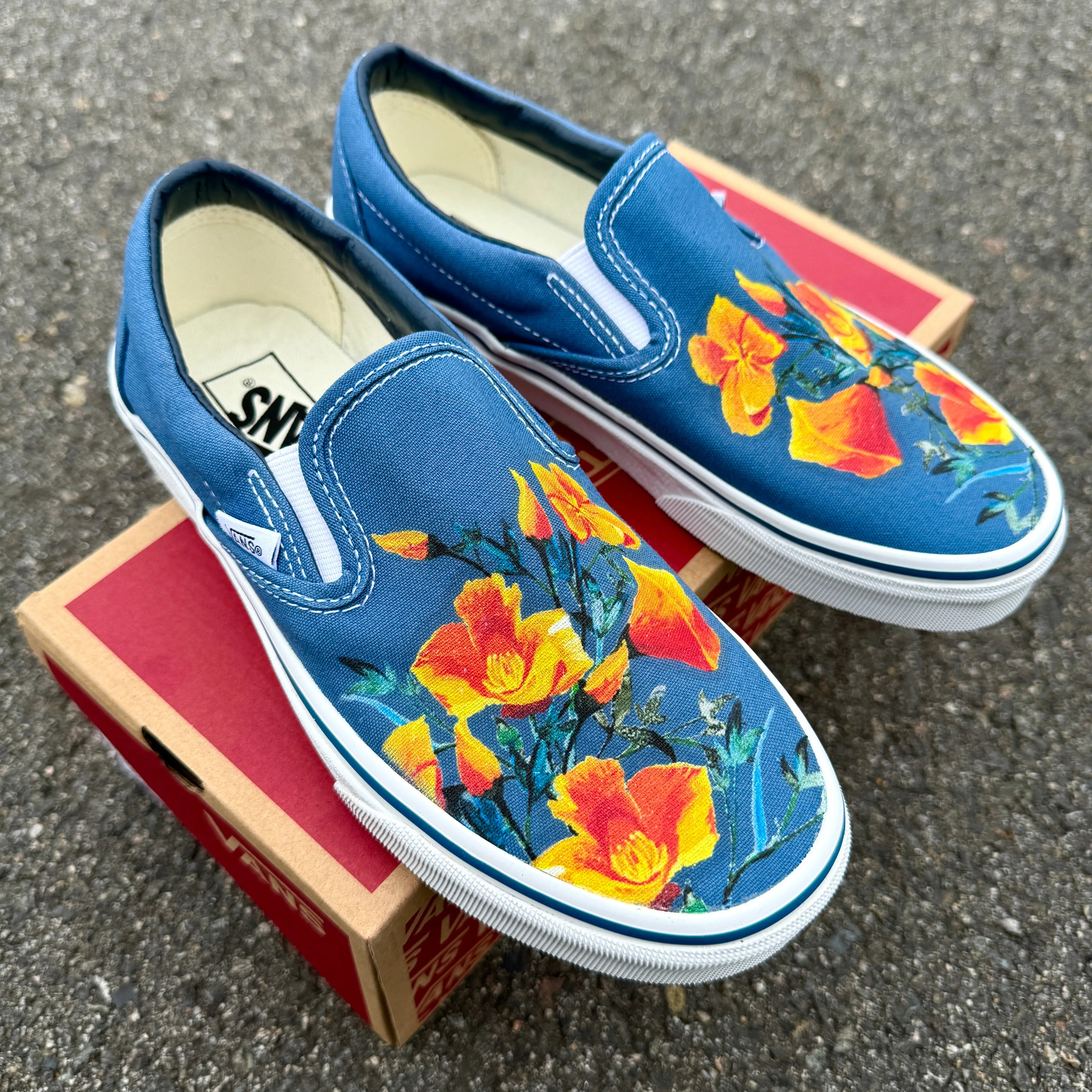 California Poppy Flowers on Navy Slip On Vans Shoes