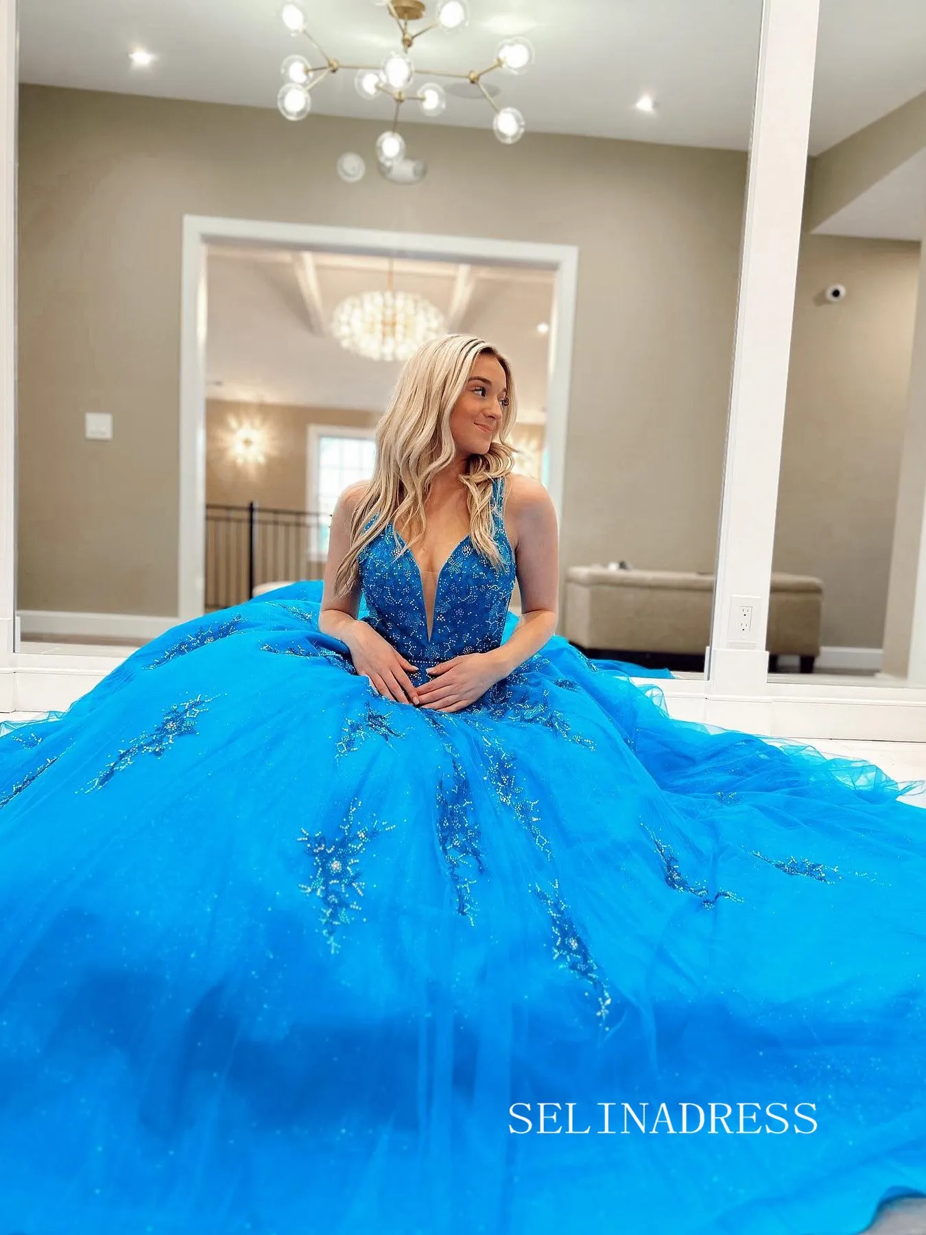 Charming Ball Gown Beaded Blue Tulle Long Prom Dresses LPK223