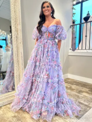 Charming Floral Long Prom Dresses Lavender Evening Gowns sea020