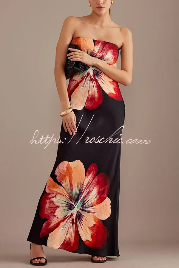 Charming Lady Satin Floral Print Bandeau Loose Maxi Dress