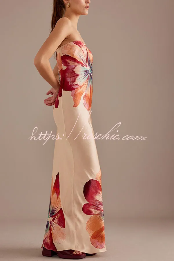 Charming Lady Satin Floral Print Bandeau Loose Maxi Dress