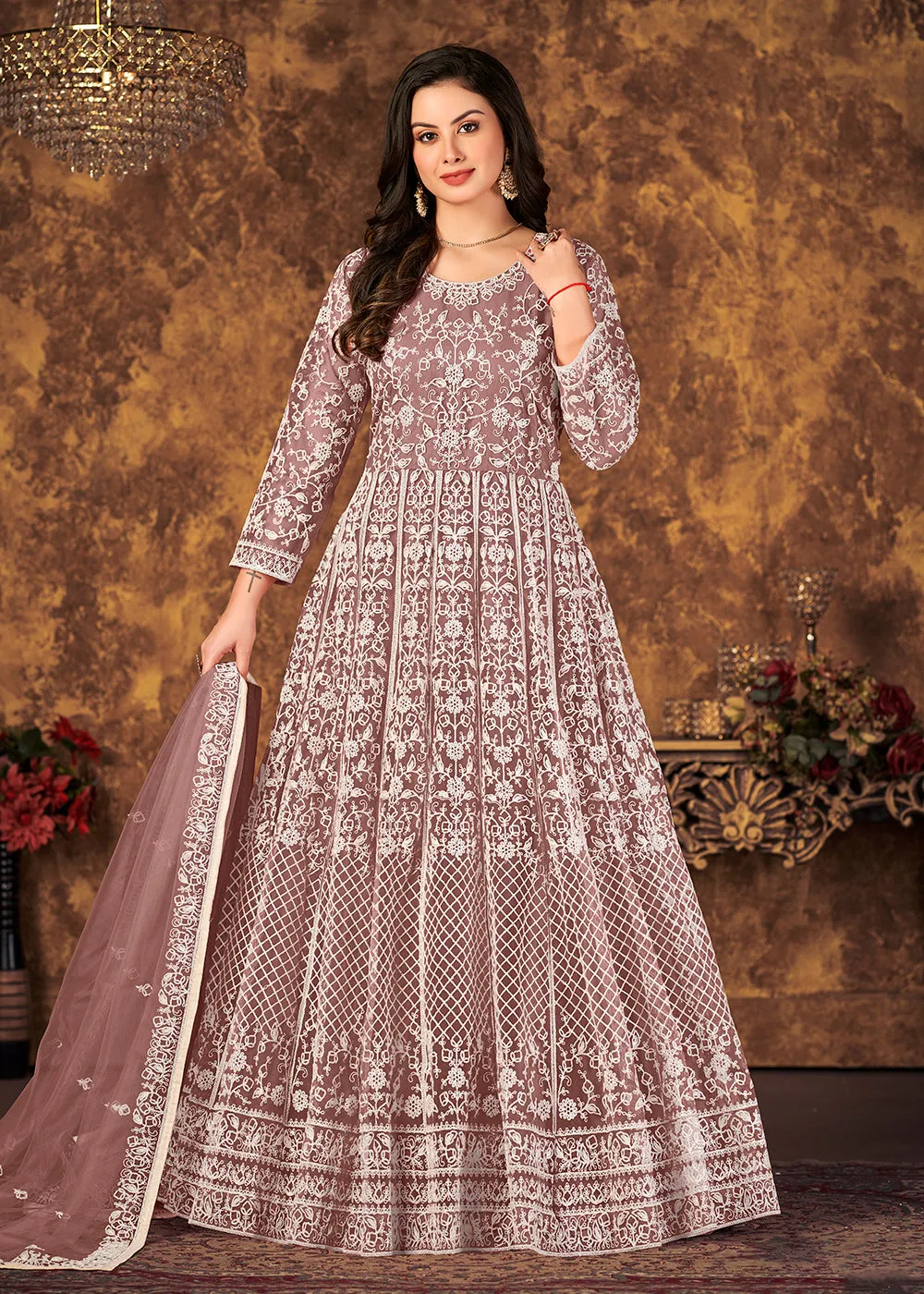 Charming Mauve Cording Embroidered Wedding Anarkali Dress