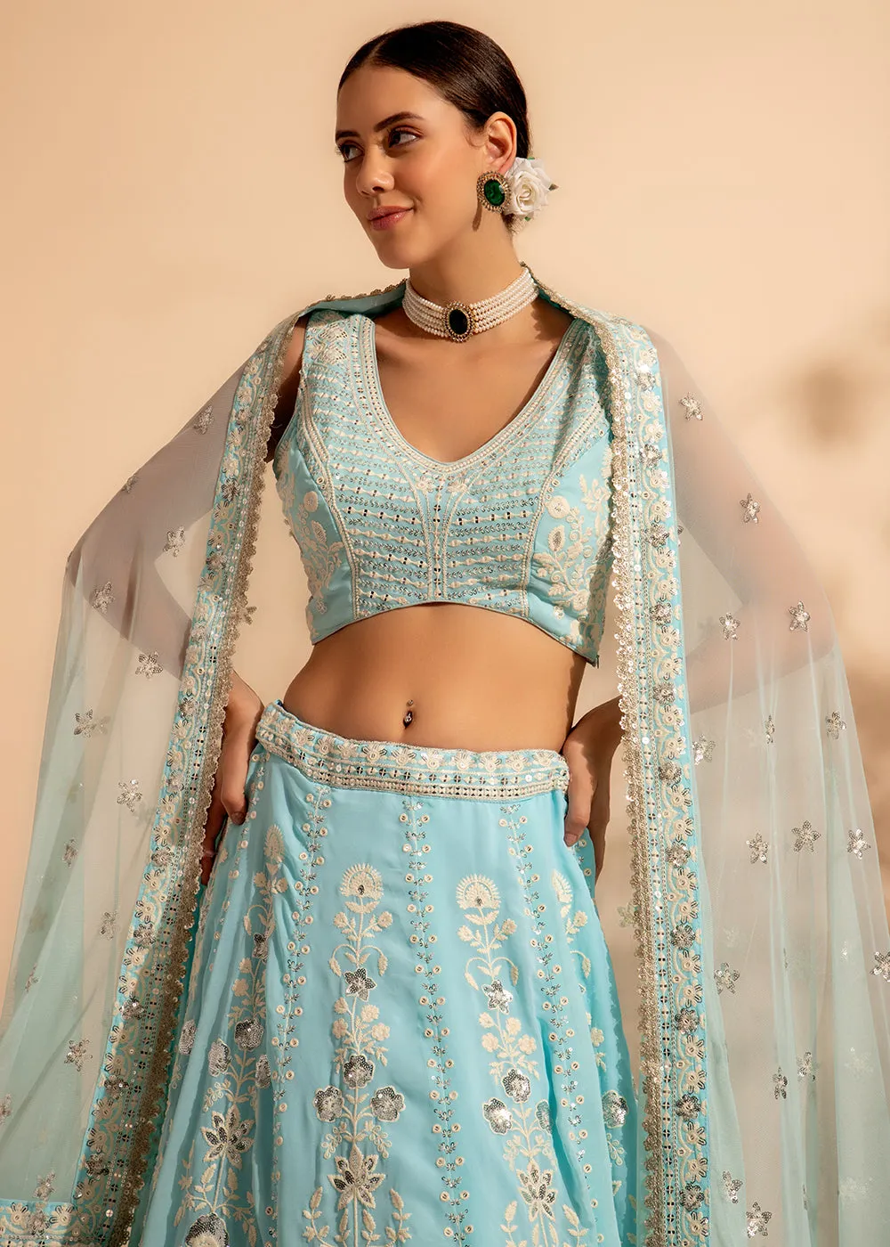 Charming Sky Blue Bridesmaid Style Wedding Lehenga Choli