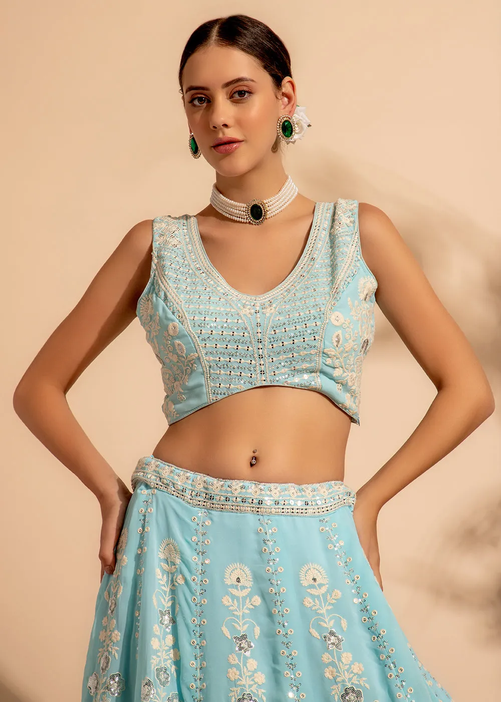 Charming Sky Blue Bridesmaid Style Wedding Lehenga Choli