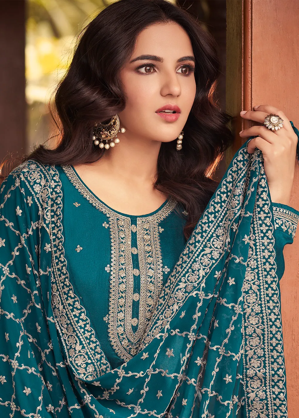 Dola Silk Charming Turquoise Embroidered Festive Salwar Suit