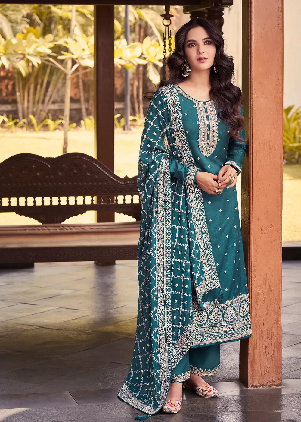 Dola Silk Charming Turquoise Embroidered Festive Salwar Suit