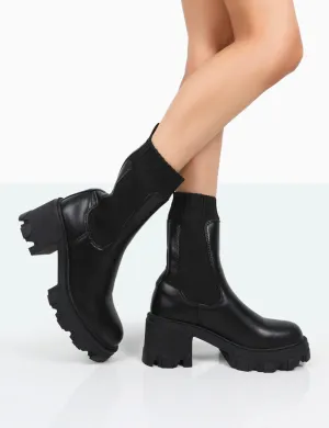 Everdeen Black PU And Knit Chunky Heeled Platform Sock Ankle Boots