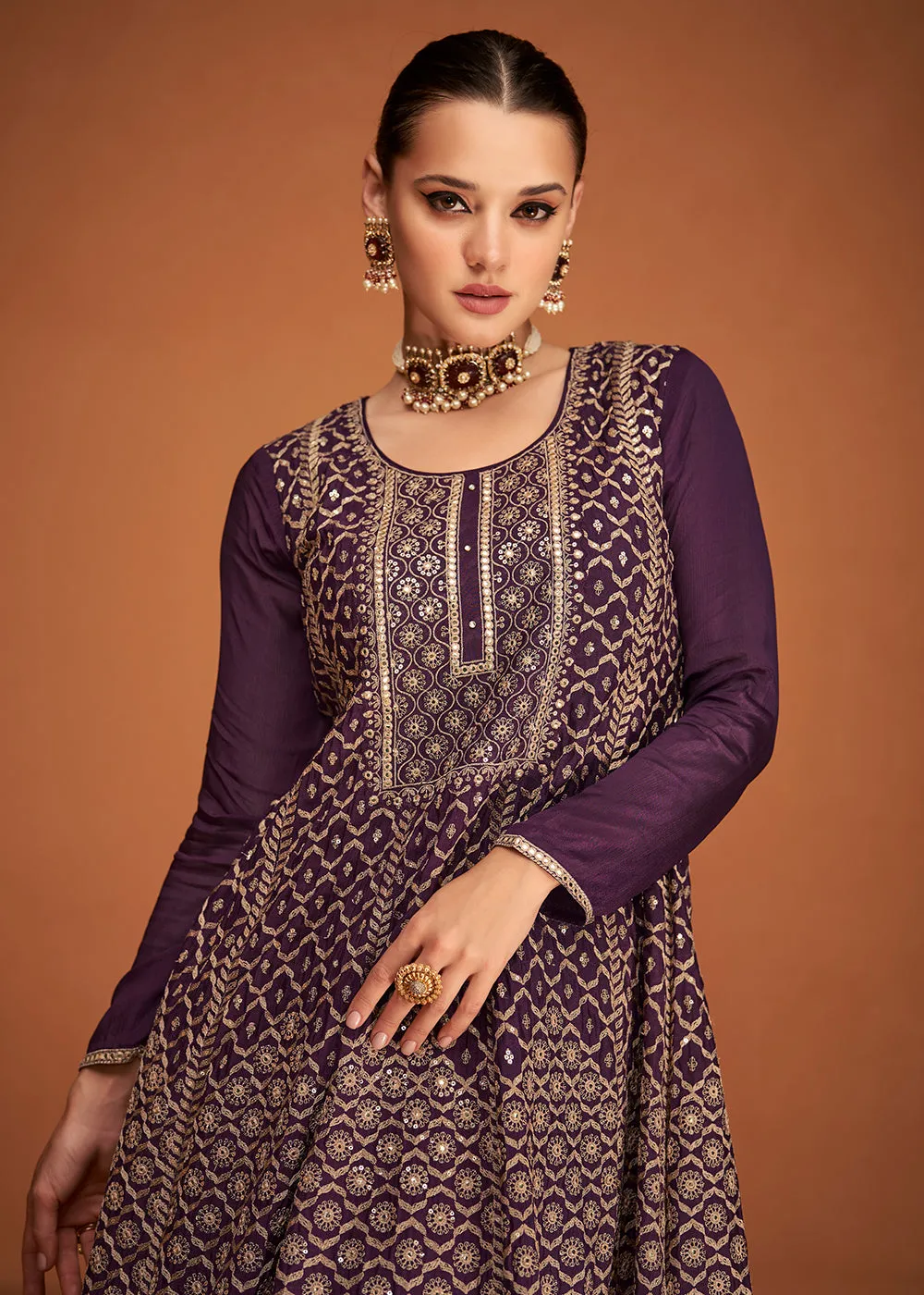 Festive Party Charming Wine Embroidered Chinon Silk Sharara Suit