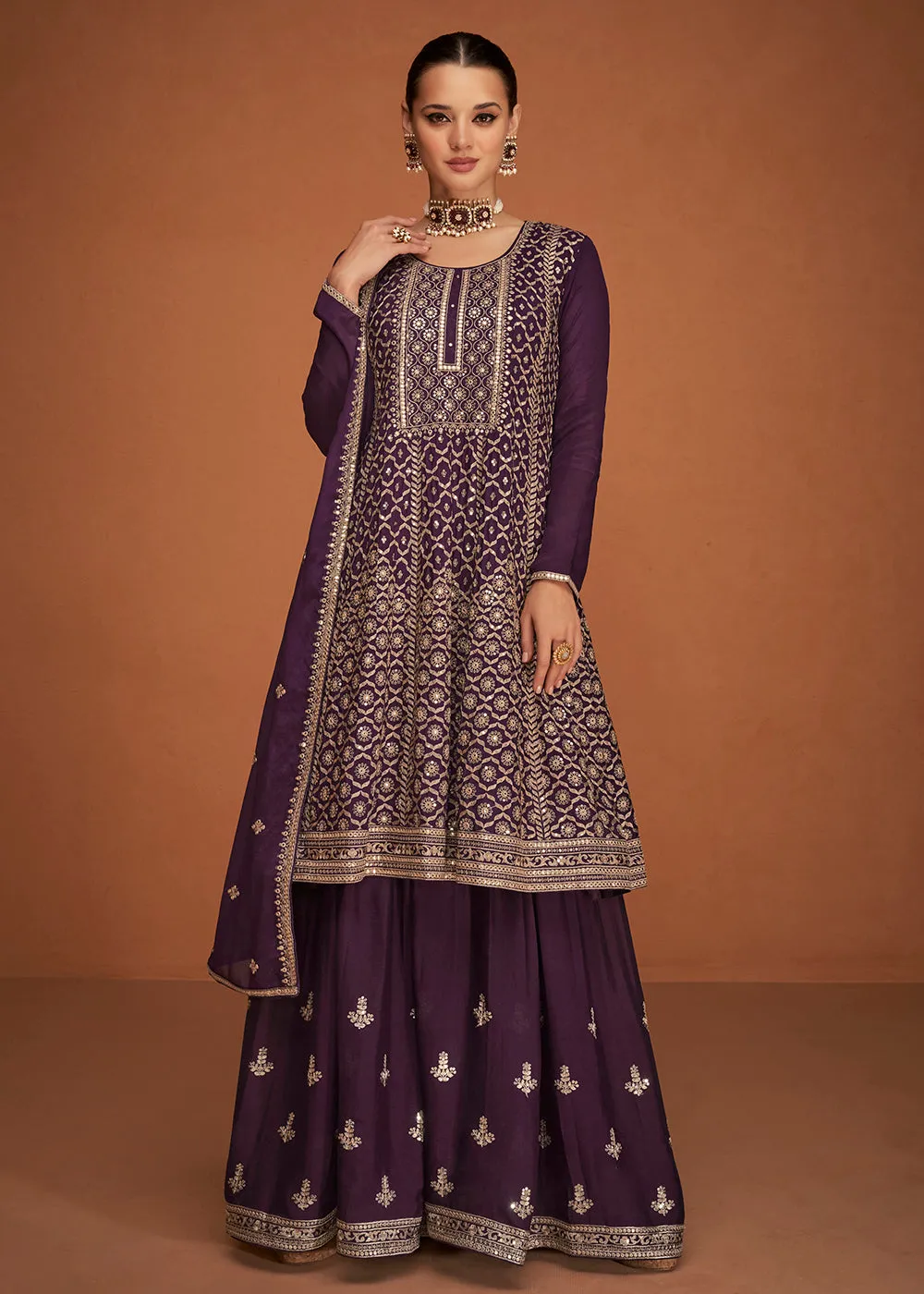 Festive Party Charming Wine Embroidered Chinon Silk Sharara Suit