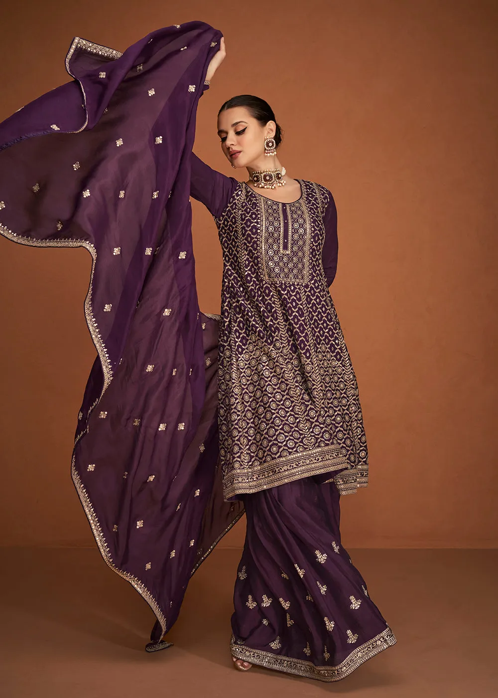 Festive Party Charming Wine Embroidered Chinon Silk Sharara Suit