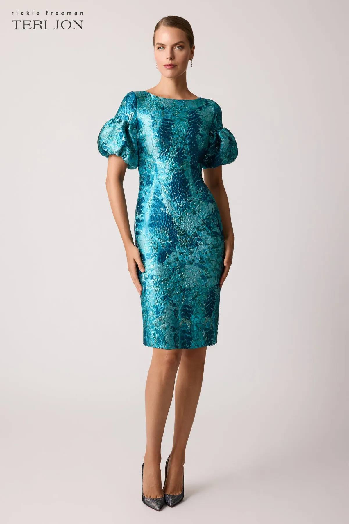 Floral Jacquard Puff Sleeve Dress