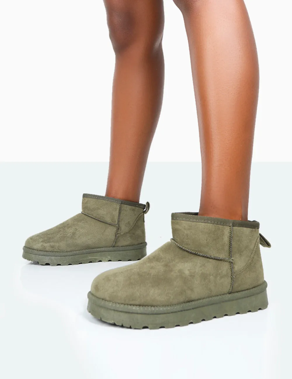 Flurry Khaki Faux Suede Ultra Mini Ankle Boots