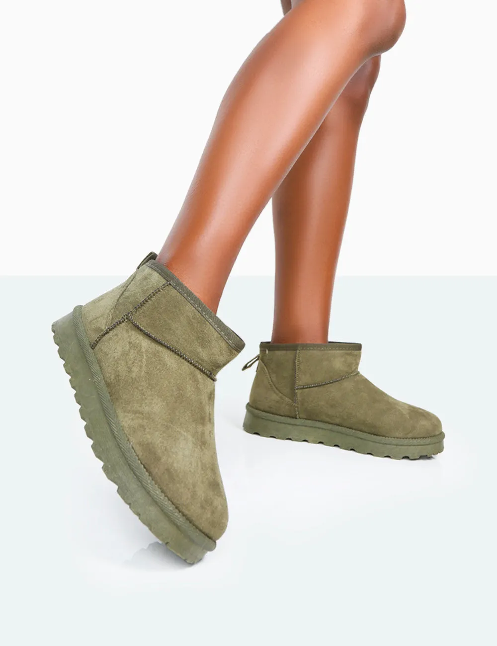 Flurry Khaki Faux Suede Ultra Mini Ankle Boots