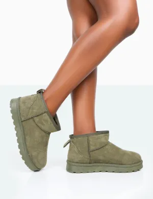 Flurry Khaki Faux Suede Ultra Mini Ankle Boots