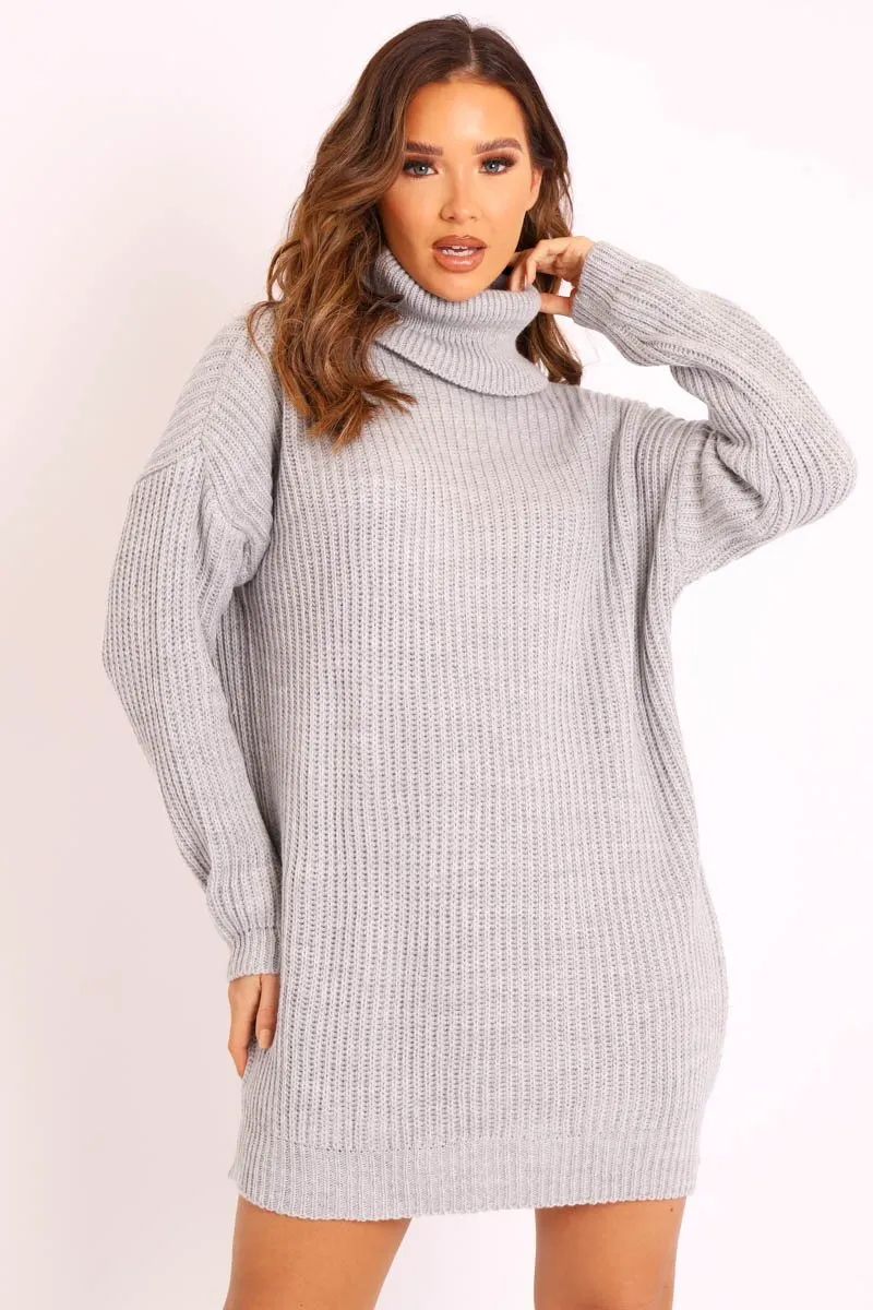 Grey Roll Neck Mini Jumper Dress - Dariyana