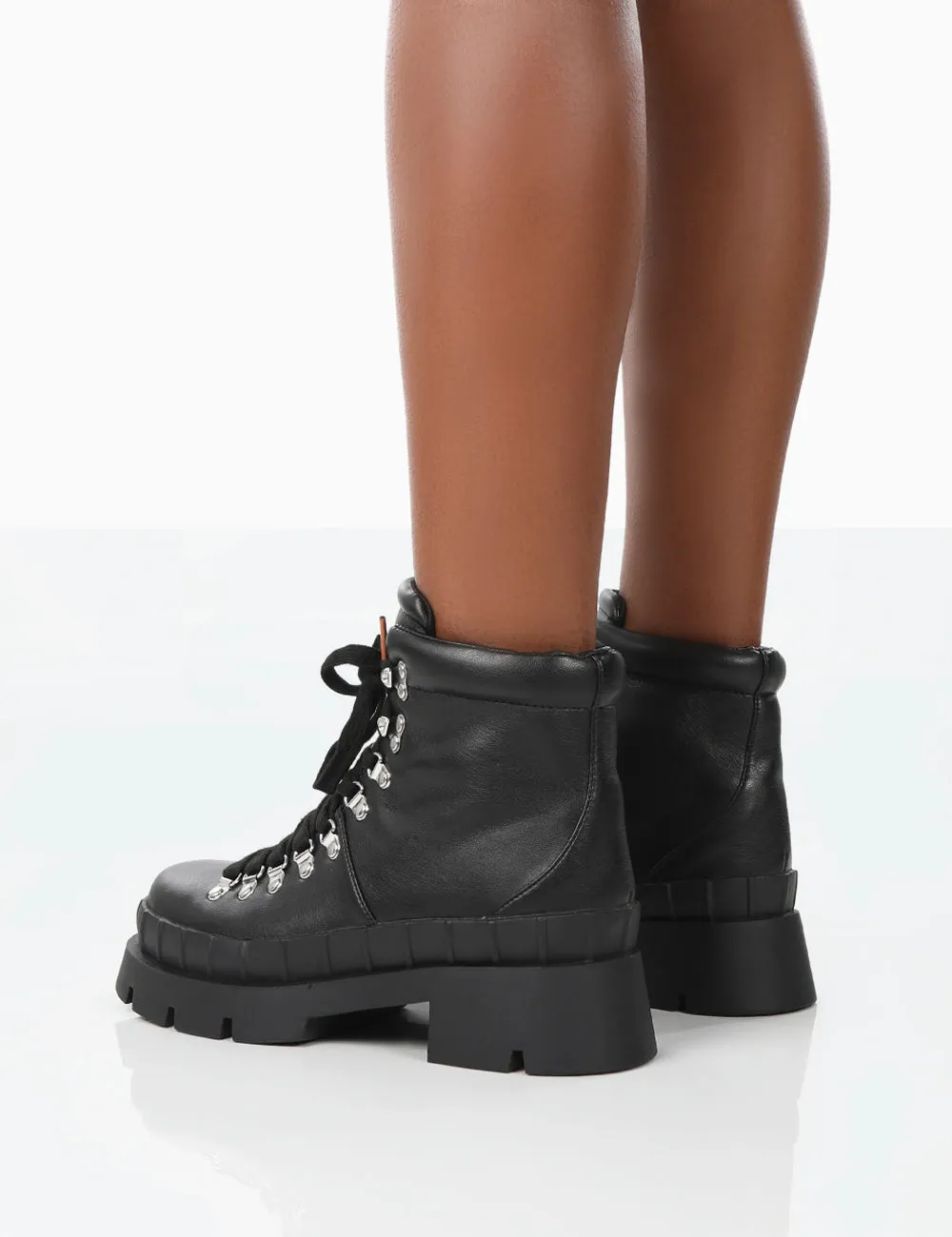 Hike There Black Pu Lace Up Chunky Sole Winter Boots