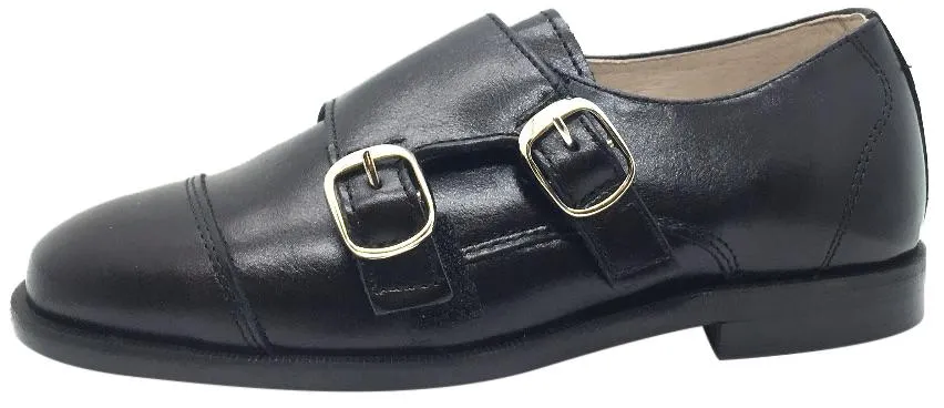 Hoo Shoes Boy's Black Smooth Leather Double Buckle Strap hook and loop Oxford Shoes