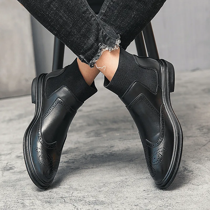 kkboxly kkboxly Men Brogue Comfy Elastic Slip on Chelsea Boots