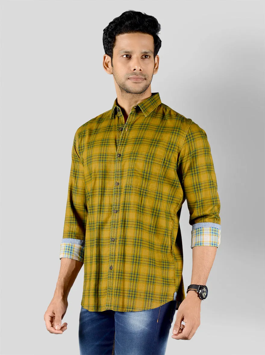 Ochre Yellow & Green Checked Slim Fit Casual Shirt | JadeBlue