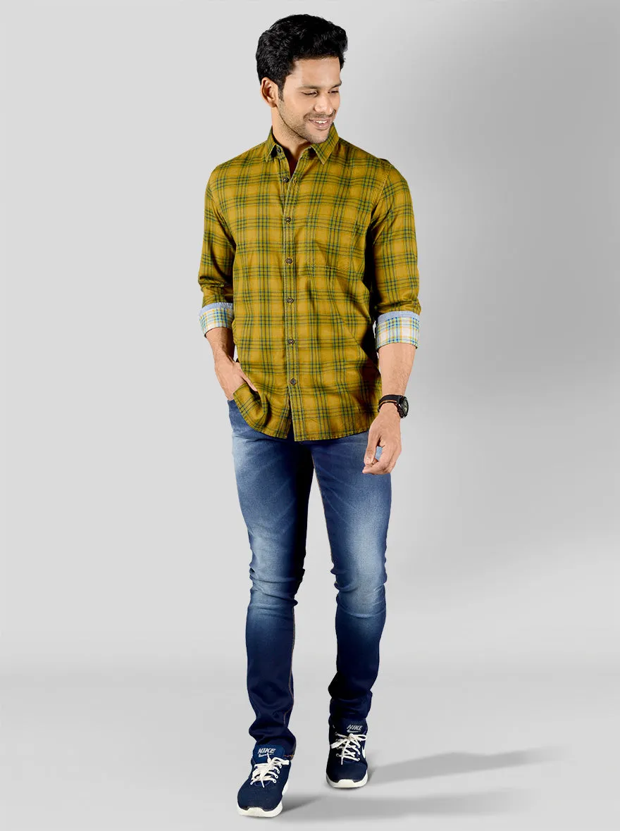 Ochre Yellow & Green Checked Slim Fit Casual Shirt | JadeBlue