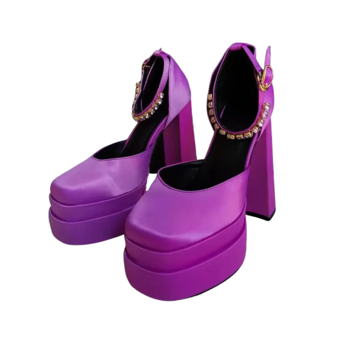 Pre Order:  Chunky High Heel Square Toe Satin Sandals