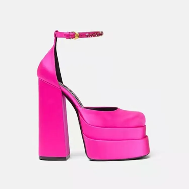 Pre Order:  Chunky High Heel Square Toe Satin Sandals