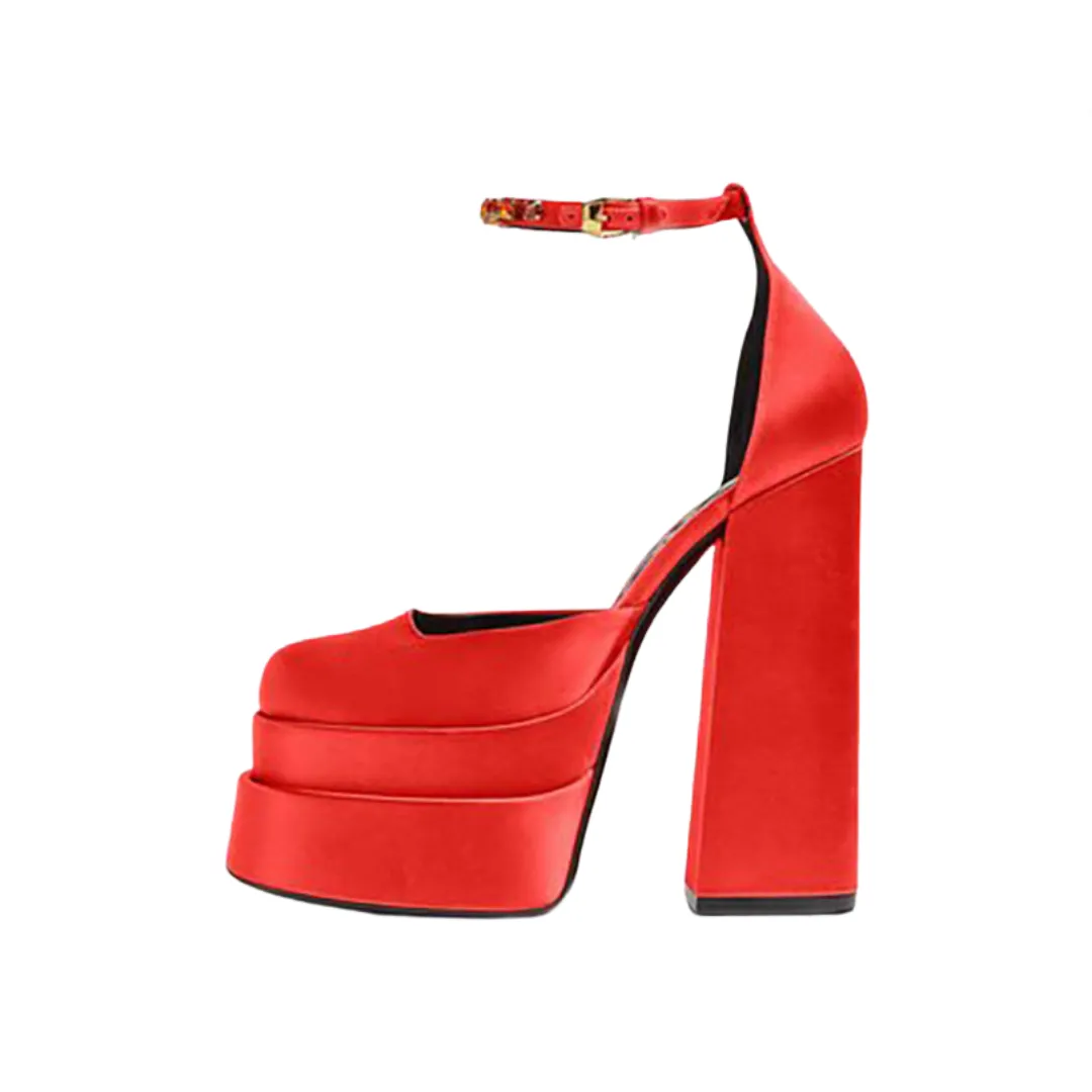 Pre Order:  Chunky High Heel Square Toe Satin Sandals