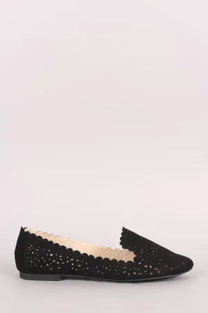 Qupid Perforated Suede Scalloped Loafer Flat