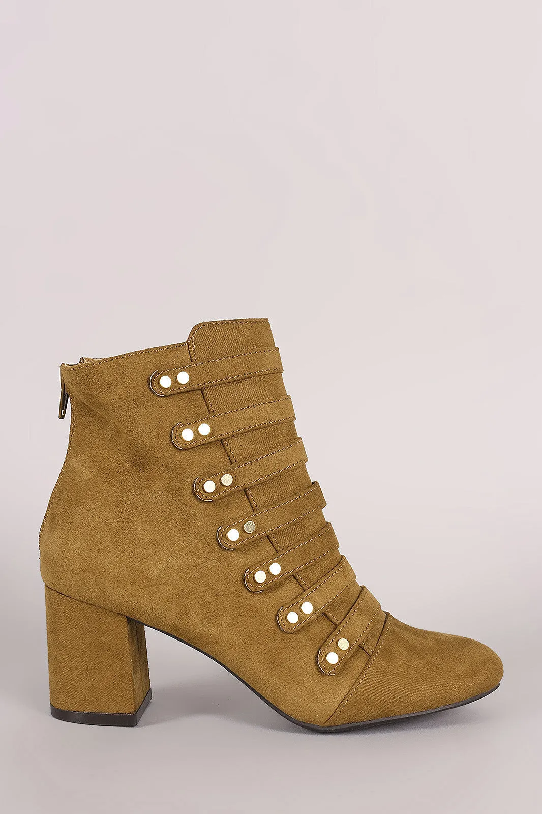 Qupid Strappy Studded Suede Block Heeled Booties