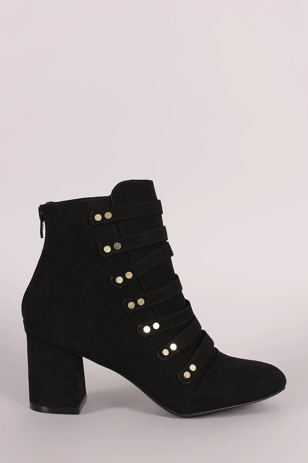 Qupid Strappy Studded Suede Block Heeled Booties