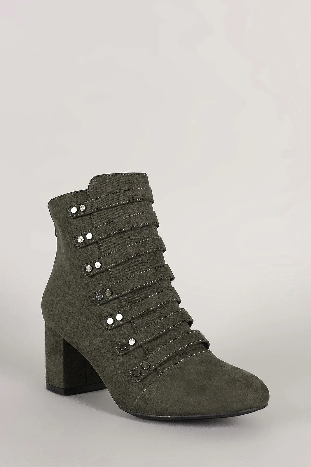 Qupid Strappy Studded Suede Block Heeled Booties