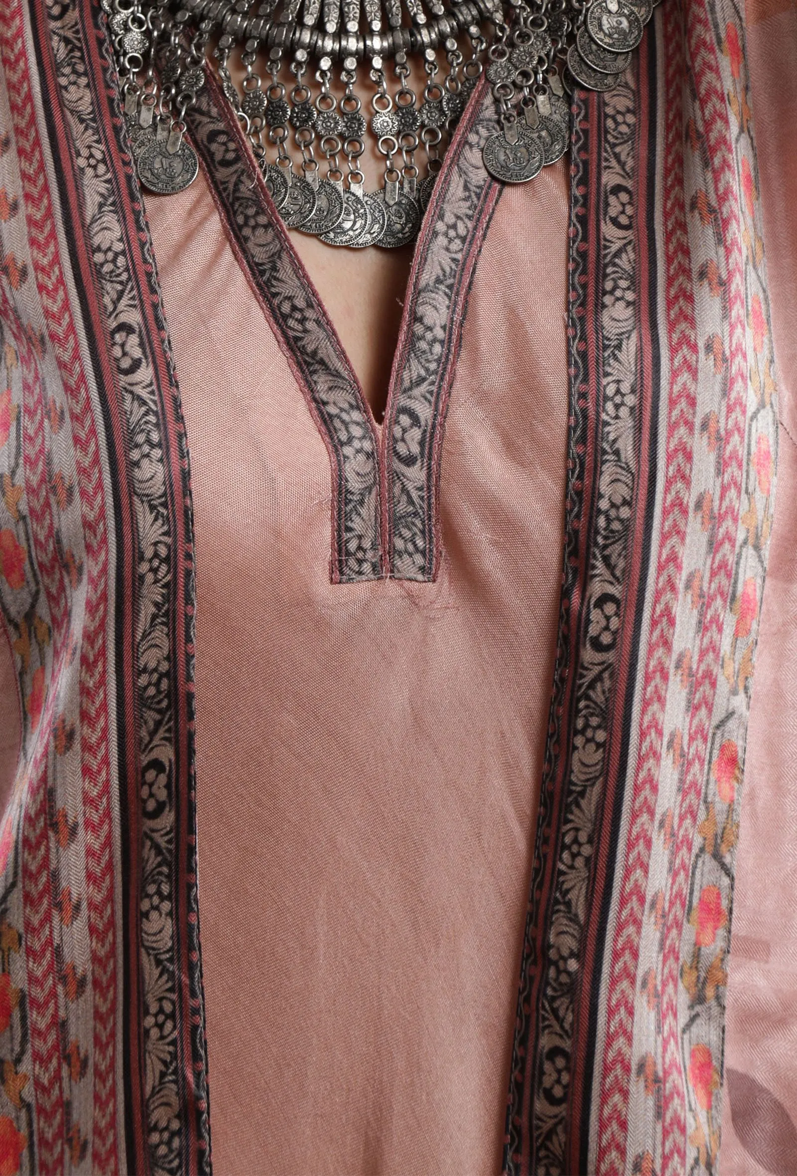 Set Of 2: Peach Taffeta Printed Overlay & Shantoon Flared Kurta