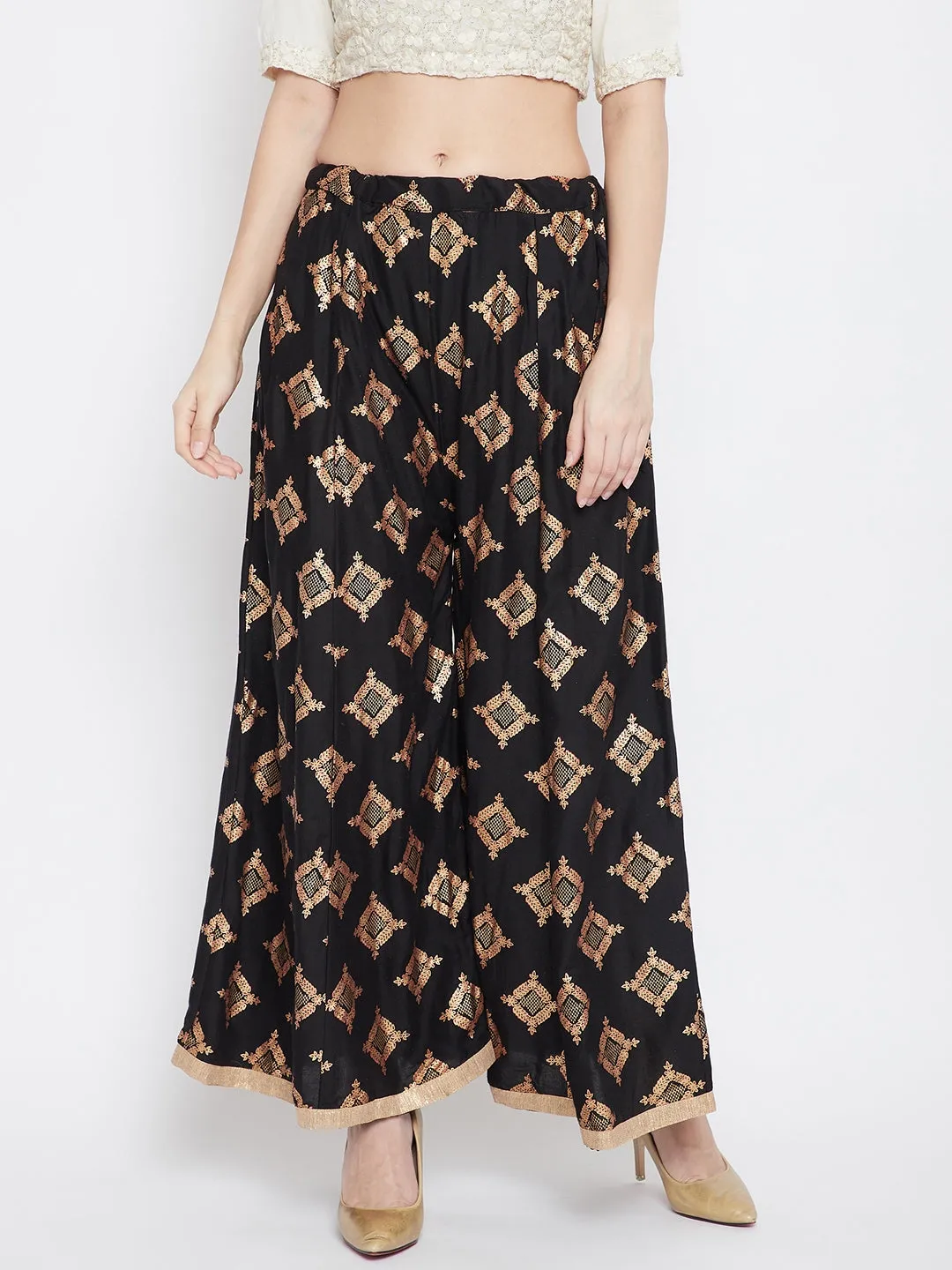 Women'S Black Wide Leg Printed Sharara