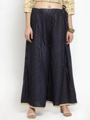 Women'S Navy Blue Printed Rayon Wide Leg Palazzo